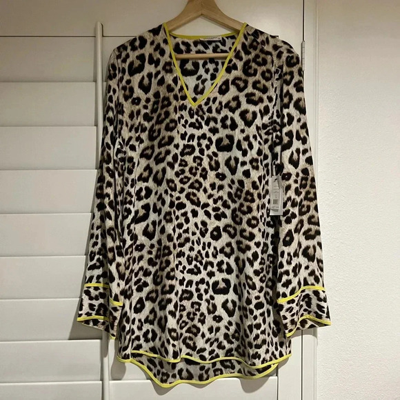 EQUIPMENT FEMME NWT Silk Leopard Print Dalton Tunic Top Blouse Neon - Picture 2 of 7